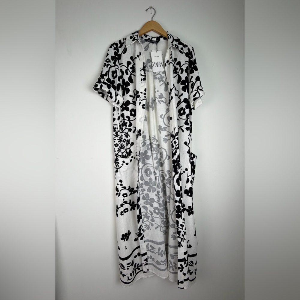 Linen Blend Zara Shirt Dress Minimalist Black White Print Button Down Pockets XL - Picture 9 of 16